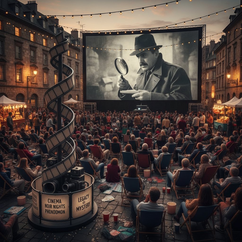Urban crowd viewing detective movie outdoors, symbolizing cultural impact of detective movies on society and public debate