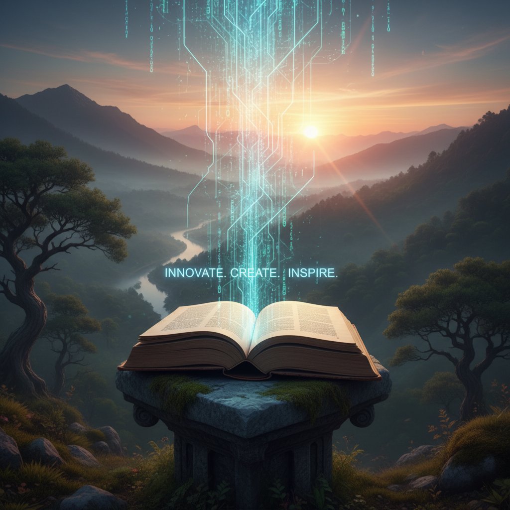 Otwarta książka przechodząca w cyfrowy kod, w tle wschód słońca, motywacja