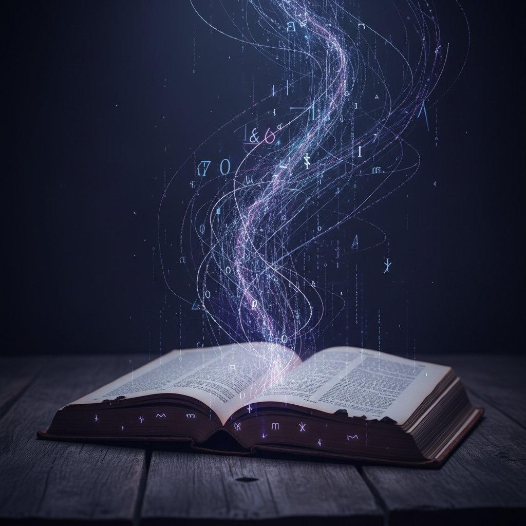 Otwarta książka, z jej stron wypływa cyfrowy kod, nastrojowe światło, symbol wiedzy