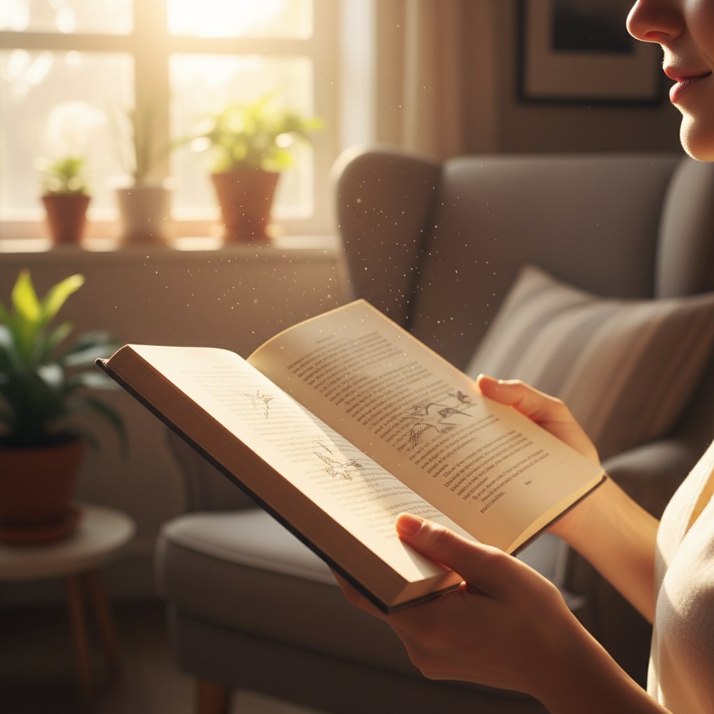 Otwarta książka w słońcu, dłonie na stronach, podnoszący na duchu klimat – obraz ilustrujący poszukiwanie wsparcia i wiedzy