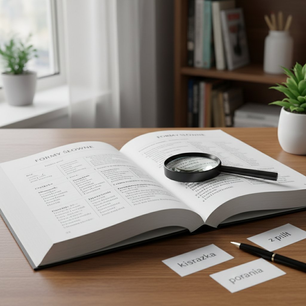 Zbliżenie na otwartą książkę z rozbudowaną polską odmianą słów