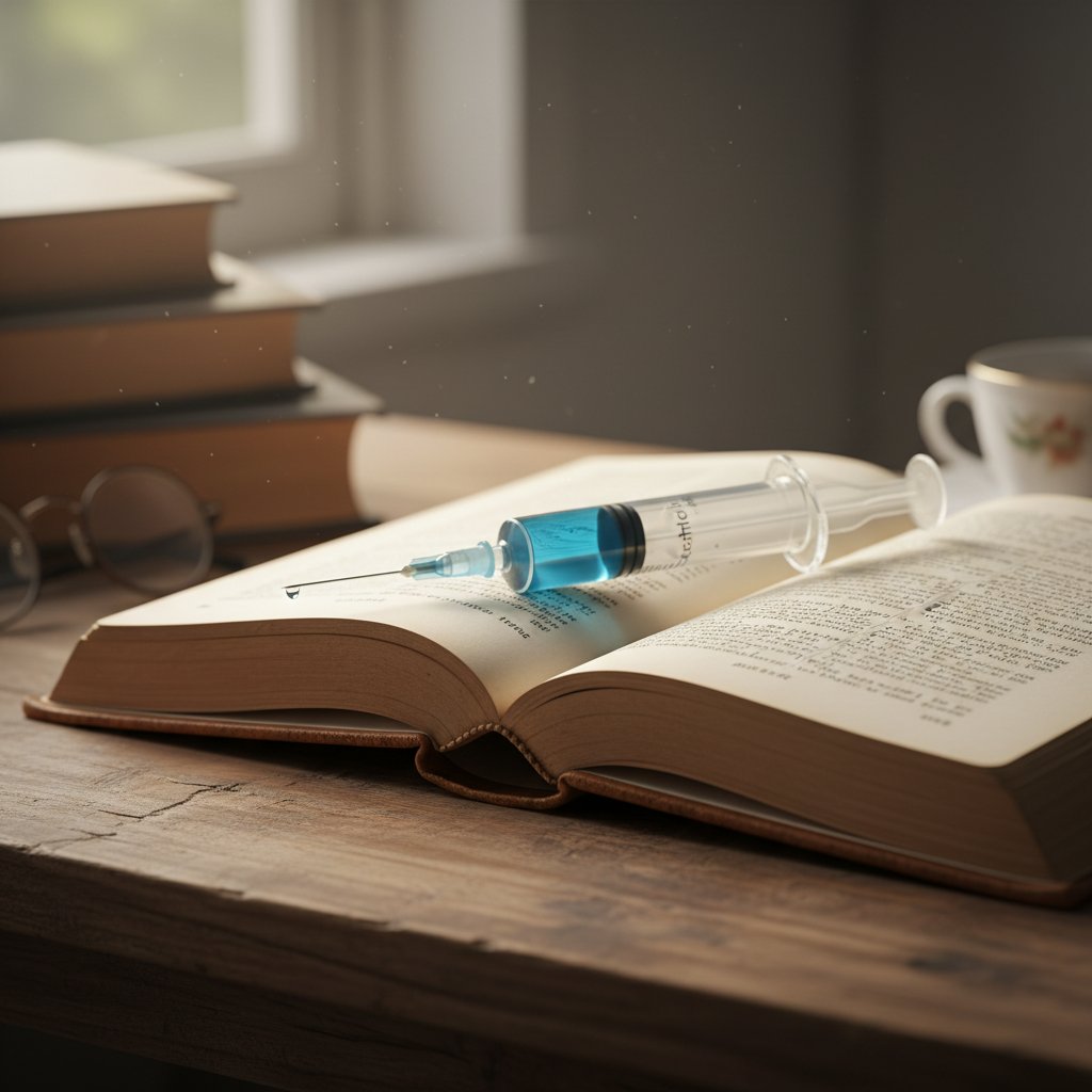 Otwarta książka z igłą jako zakładką, symbol, miękkie światło – podsumowanie artykułu o sterydach