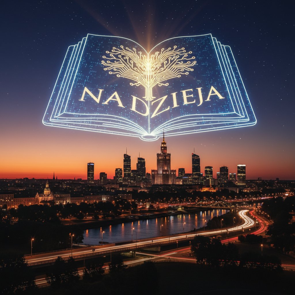 Otwarta cyfrowa książka unosząca się nad panoramą Warszawy o zmierzchu — symbol przyszłości edukacji
