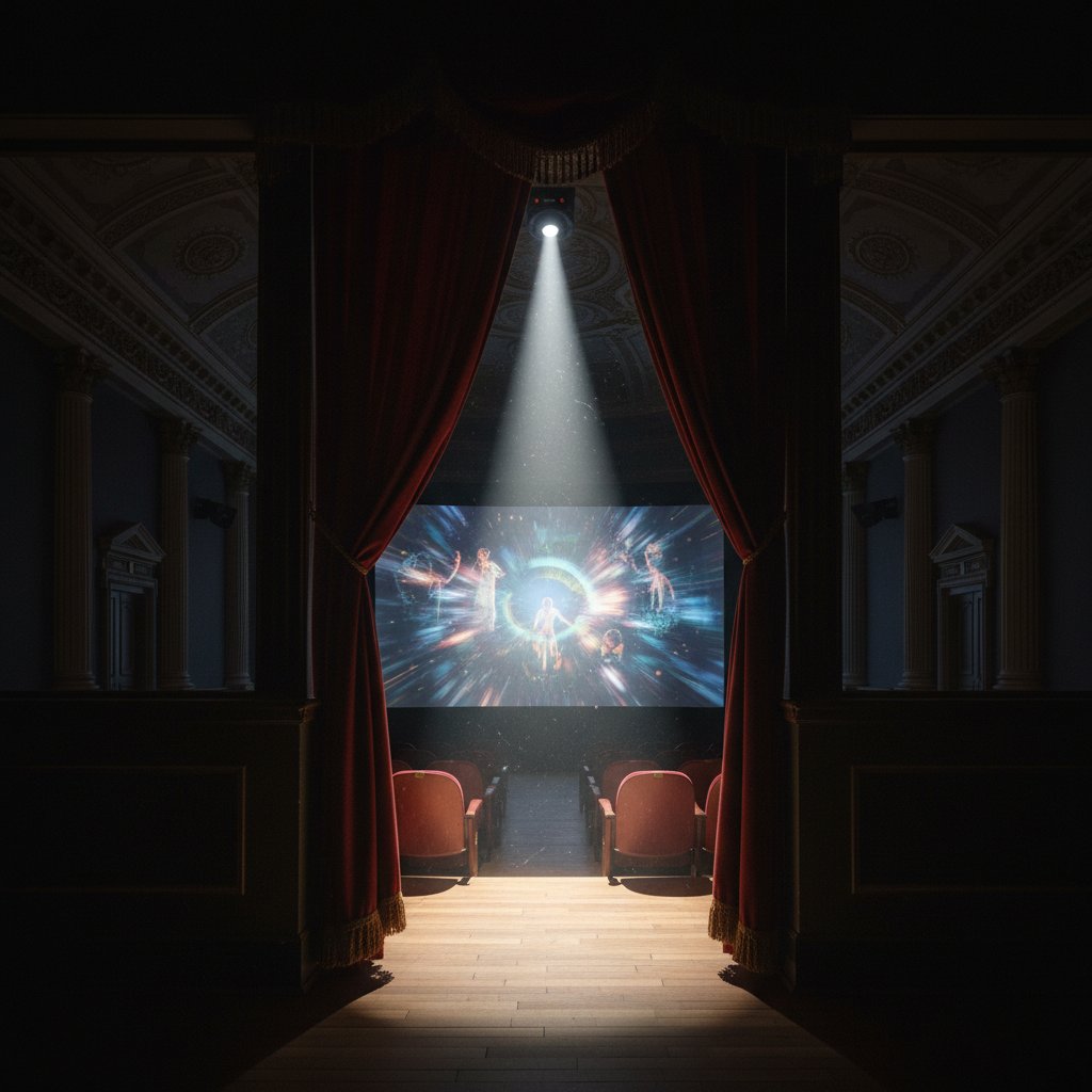 Open door in a dark theater, brilliant cinematic light pouring out, movie transcendence movies