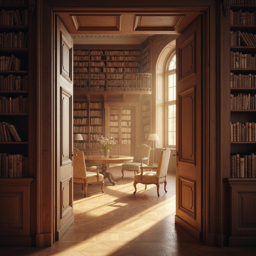 Otwarte drzwi na tle biblioteki, światło wpadające do środka, symboliczne przejście do nowych światów