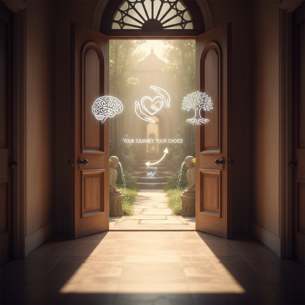 Otwarte drzwi symbolizujące nowe możliwości wyboru terapii, światło wpadające do środka, symbol nadziei