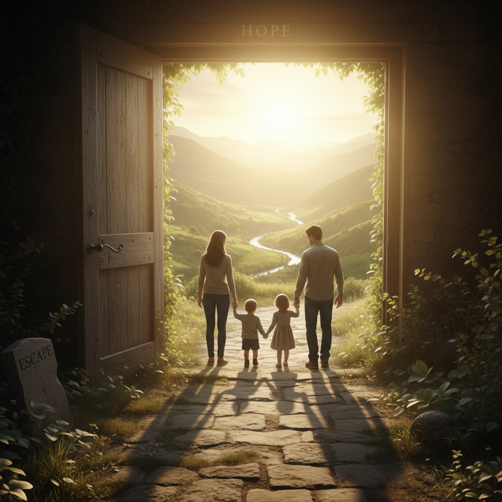 Symboliczny obrazek: otwarte drzwi, za którymi widać światło, symbolizujące nadzieję i wyjście z toksycznej rodziny