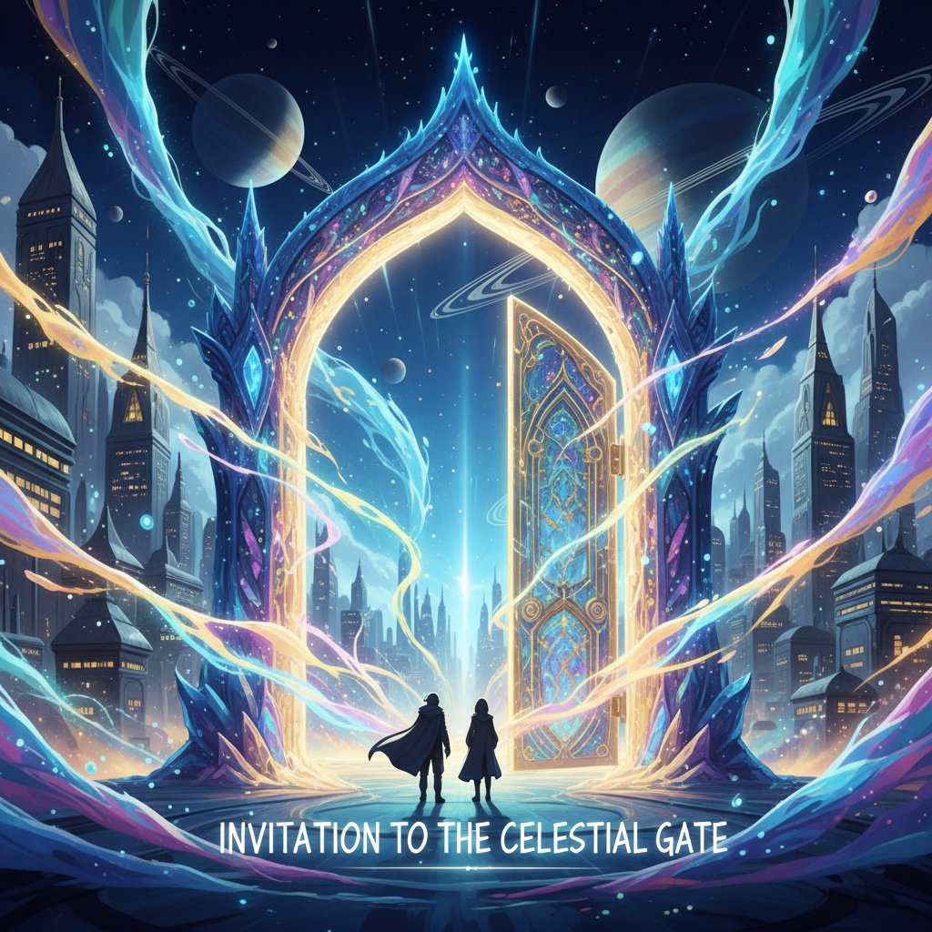 Invitation to explore the future of anime movies, symbolic open doorway, animated light, anime movies