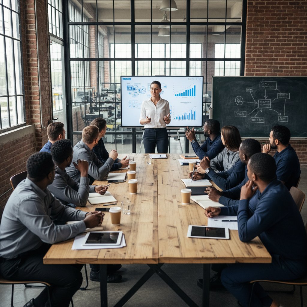 Zespół podczas otwartego spotkania feedbackowego, lider rozmawia z pracownikami