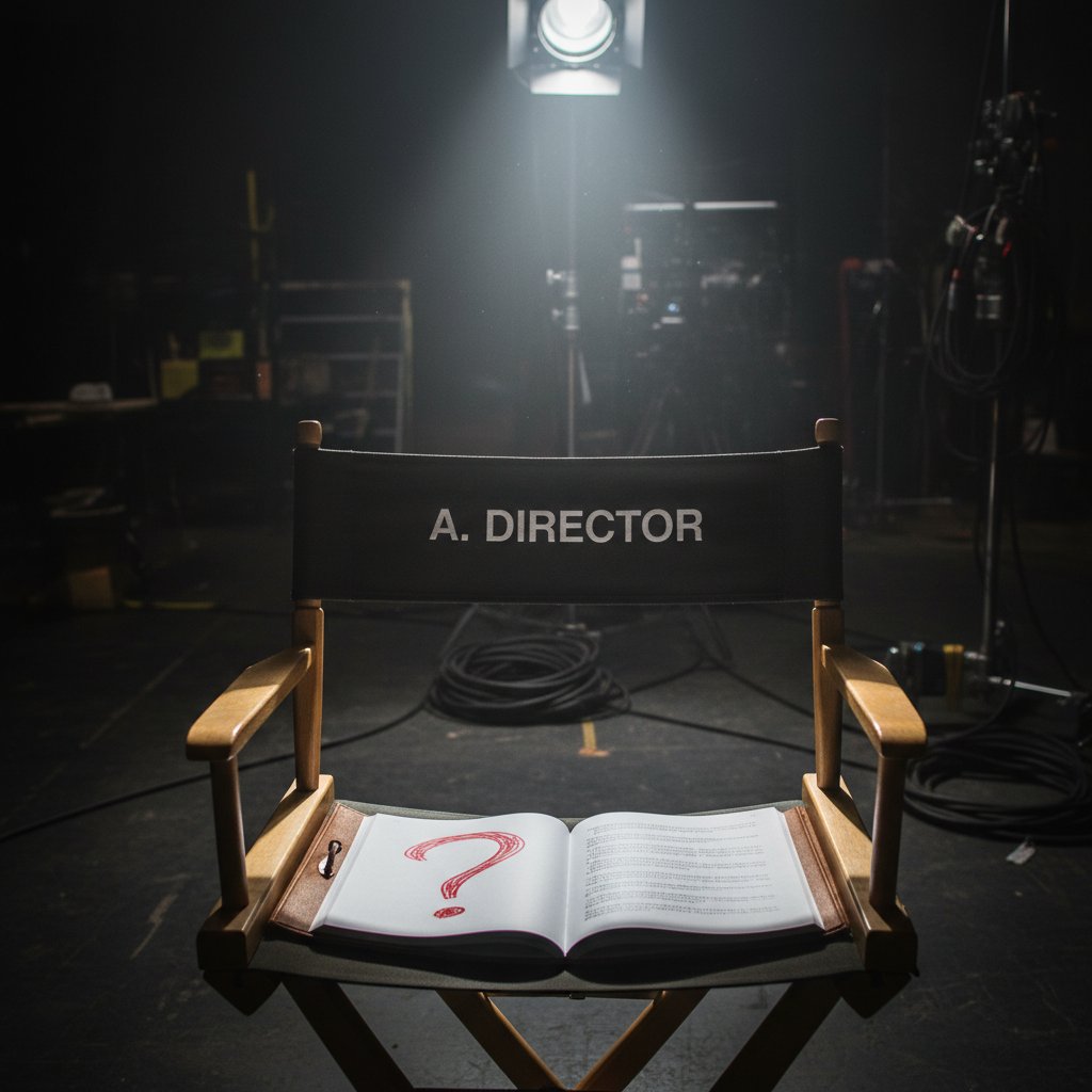 Symbolic cinematic photo of an open film script revealing a question mark, pages fluttering under spotlight on a director’s chair, capturing the anticipation of future surprise ending movies