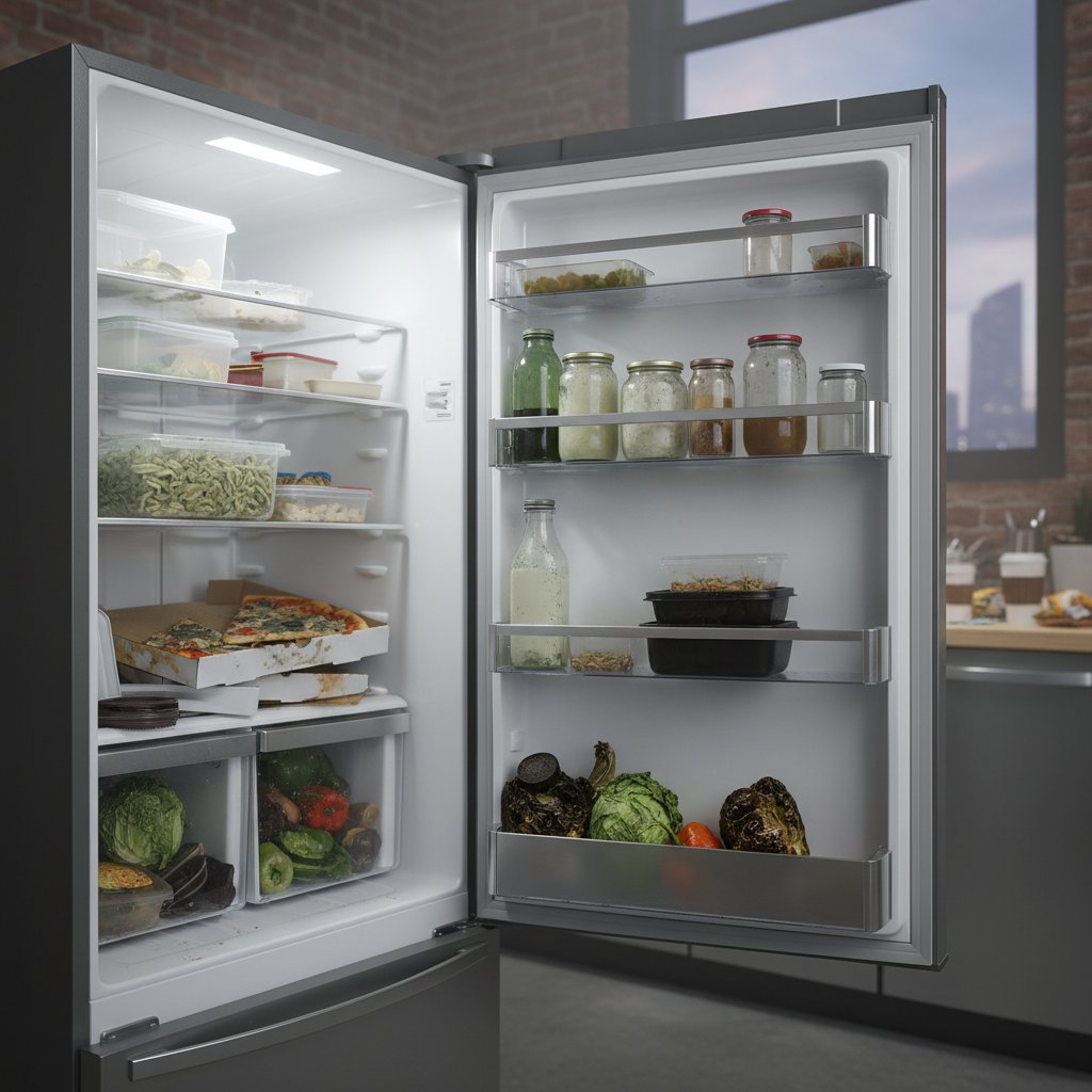 Wnętrze lodówki pełnej przeterminowanych produktów i resztek – marnowanie jedzenia w polskiej kuchni