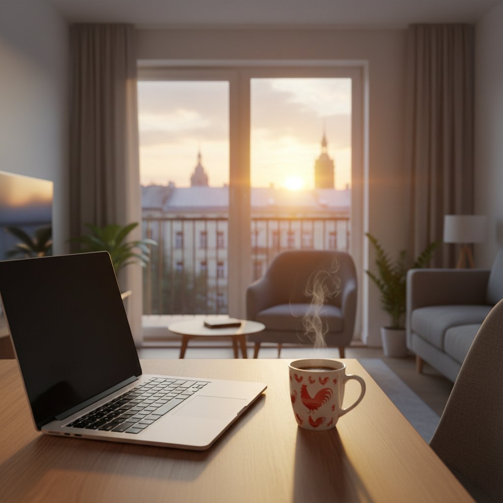 Gotowy do nowej przygody z czatem online, laptop, kubek kawy, wschód słońca, mieszkanie w Polsce