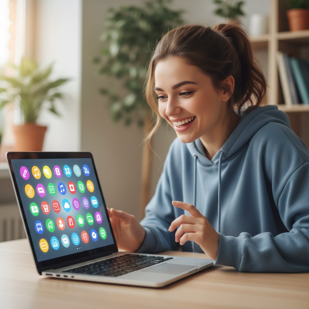 Inspiracje do poprawy humoru online, otwarty laptop, kolorowe ikony, uśmiechnięty użytkownik