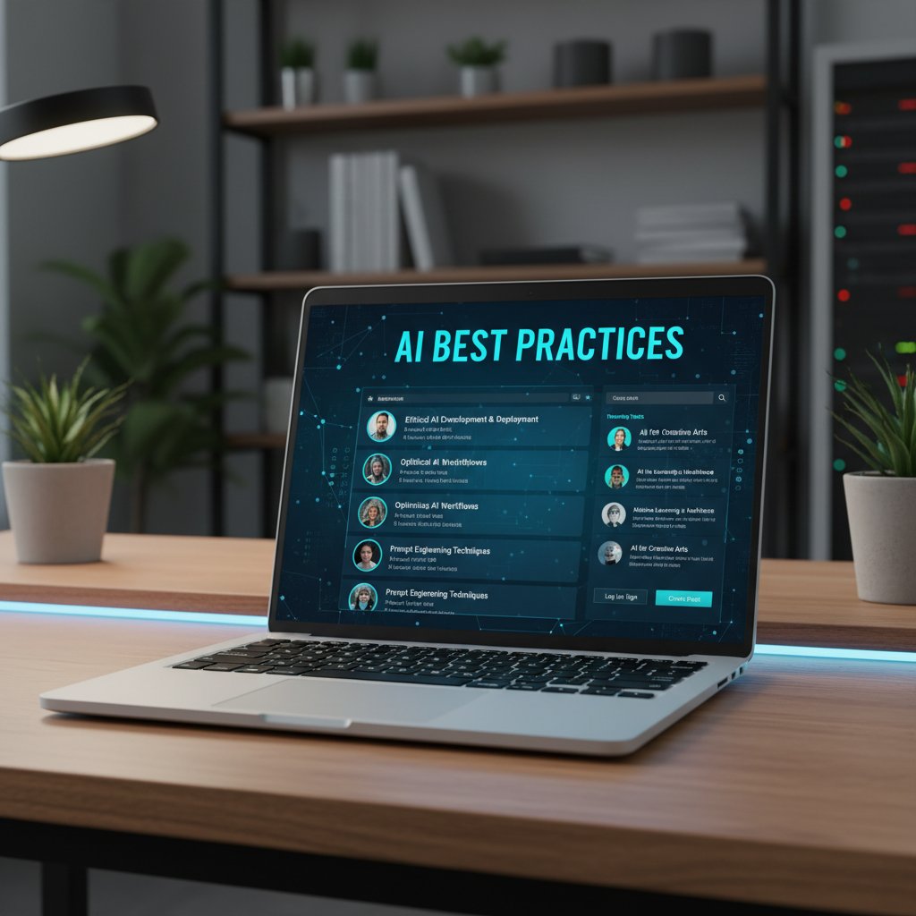 Open laptop with digital community forum about AI assistant best practices, showing collaborative knowledge sharing