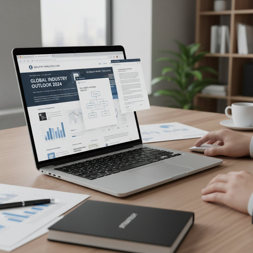 Professional photo of an open laptop displaying trusted industry websites and analyst reports, supporting research on document workflow solutions