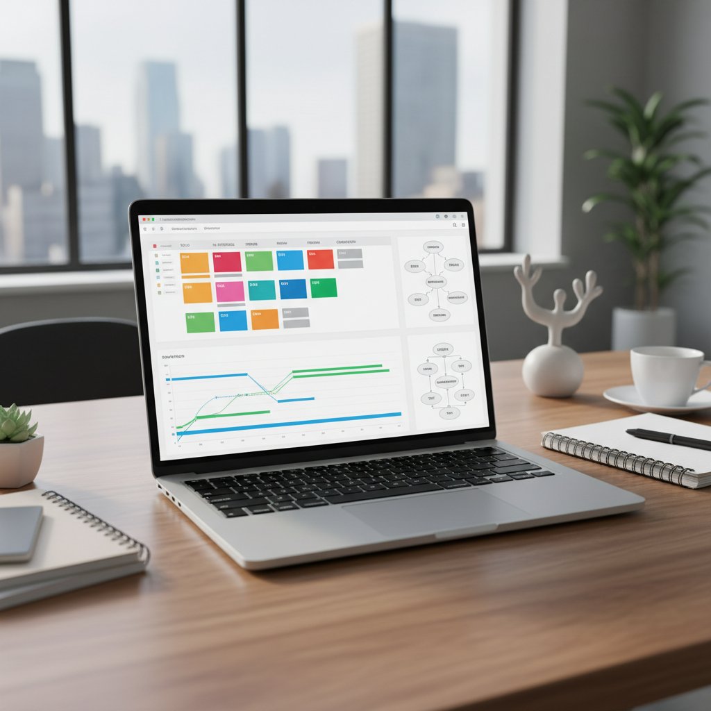 Open laptop, scattered notebooks, coffee cup, hands typing, representing real-world project handling in action, project management, and workflow optimization