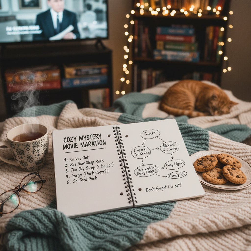 Open notebook with pen and a handwritten list of cozy mystery movie titles