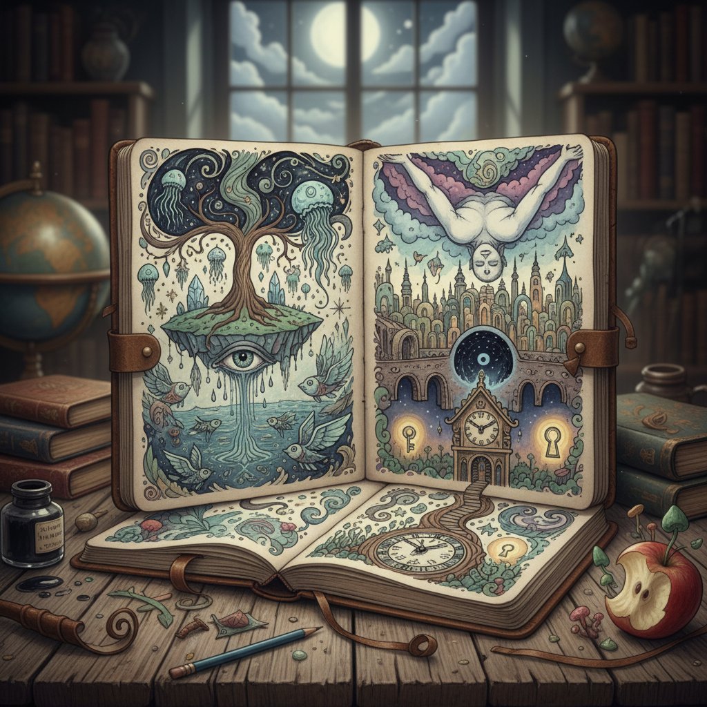 Otwarty dziennik snów z surrealistycznymi rysunkami, motywy treści ukrytej snu