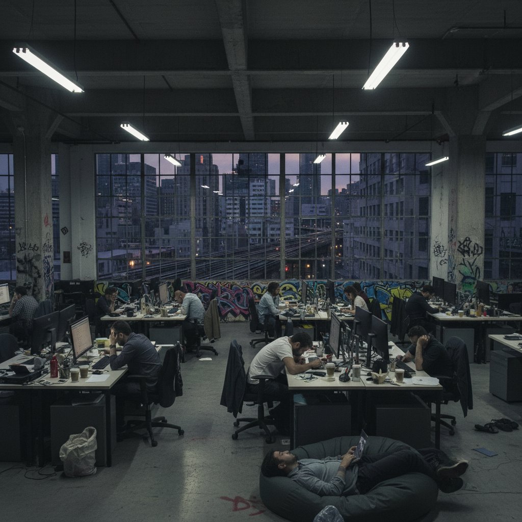 Wypaleni pracownicy w nowoczesnym biurze pod ostrym światłem, surowa atmosfera