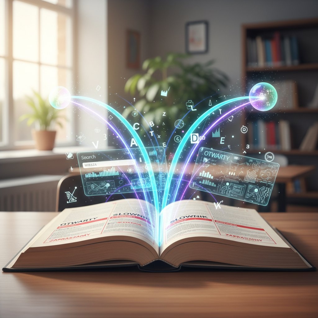 Słownik polski otwarty, cyfrowe elementy wplecione w kartki, zachęcający klimat