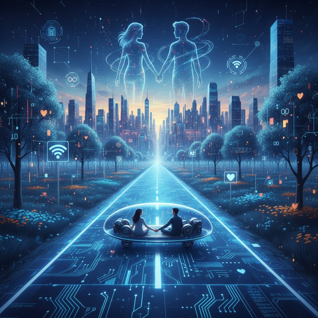 Droga do przyszłości w relacjach cyfrowych, symboliczna otwarta droga prowadząca ku cyfrowemu niebu