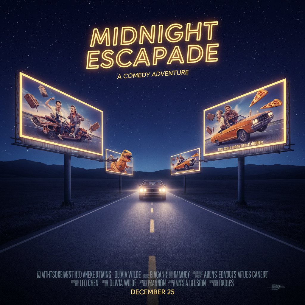 Open road at night, movie poster billboards glowing with comedy scenes, sense of adventure, 16:9