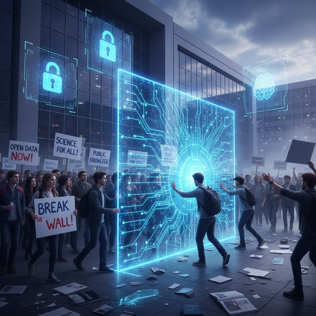 Protesters with 'Open Science' banners confronting a digital firewall symbolizing data privacy