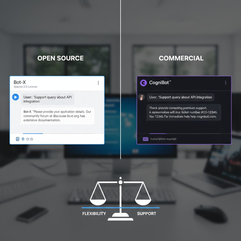 Porównanie dwóch osób – jedna siedzi przy komputerze open source, druga korzysta z komercyjnej platformy