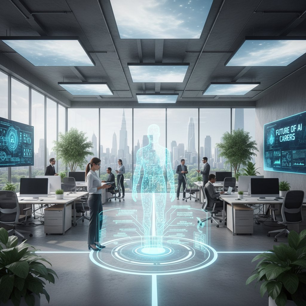 Nowoczesny open space, zespół ludzi i AI pracujący nad profilami zawodowymi