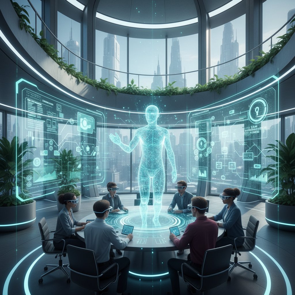 Technologiczny open space z elementami AR, AI menadżer prezentuje dane w rzeczywistości rozszerzonej