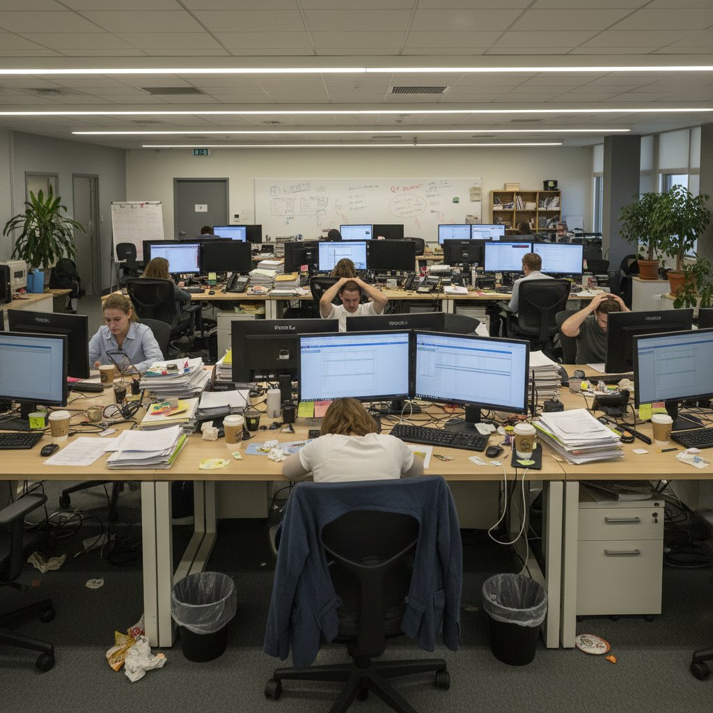 Stresująca scena w open space, pracownicy z widocznymi oznakami napięcia i zmęczenia, biurka zalane dokumentami, wyraźne emocje