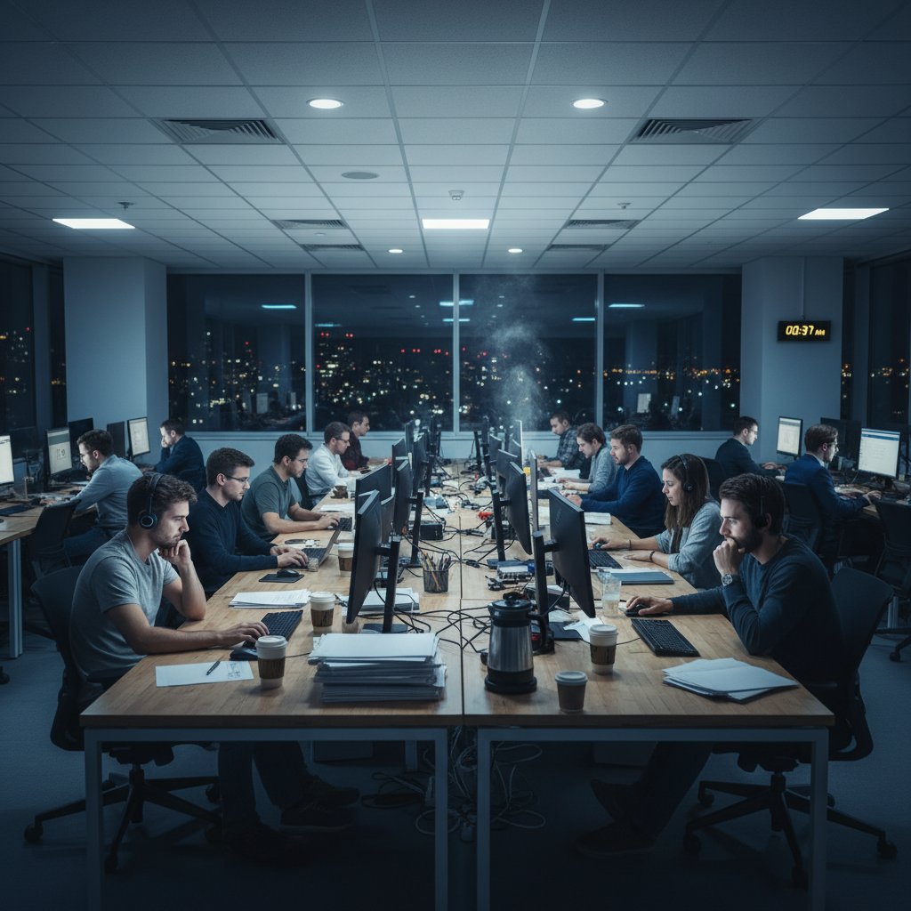 Kultura pracy pod presją – open space, intensywne światło, praca po godzinach, kubki po kawie