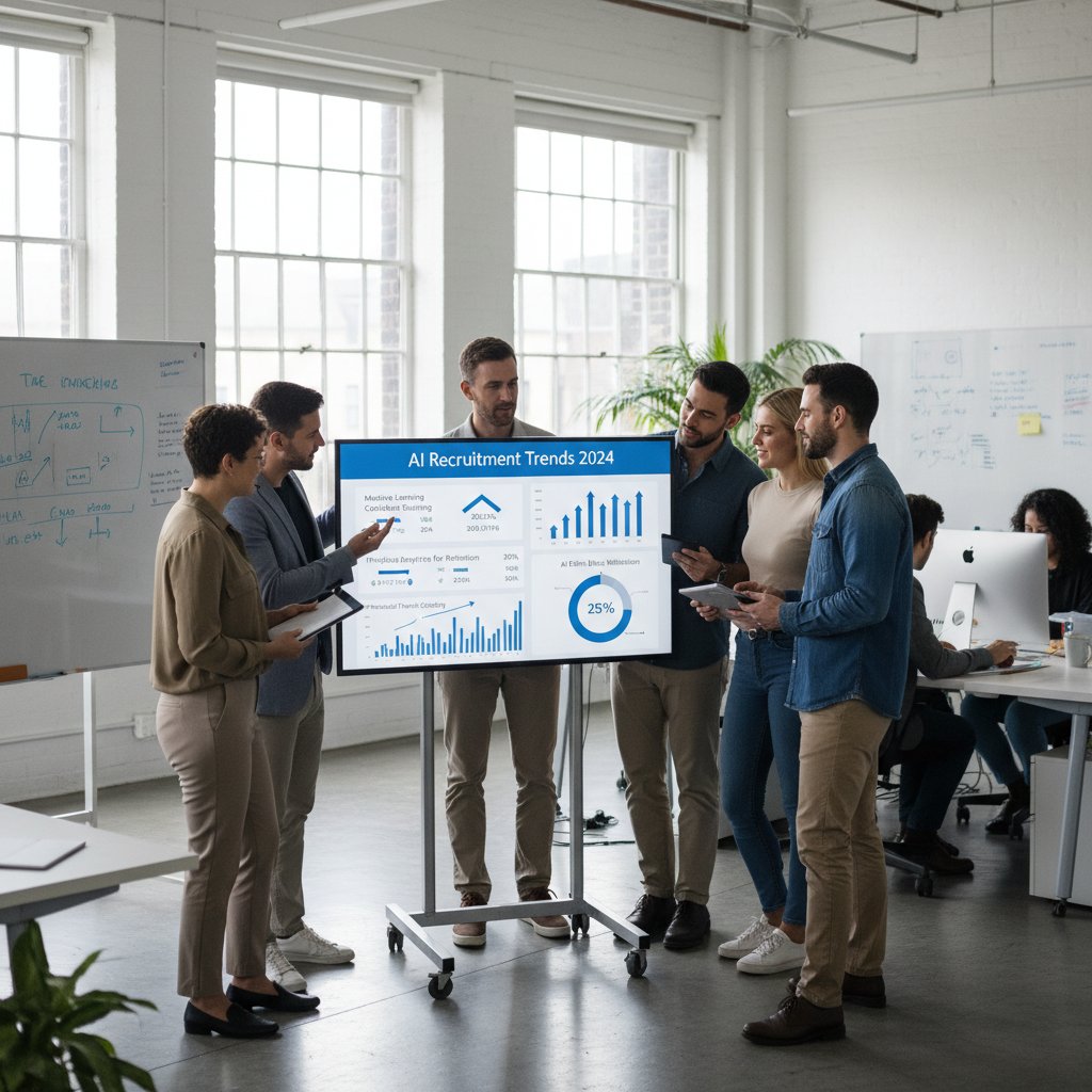 Nowoczesne open space, zespół omawia trendy w rekrutacji AI, ekrany z danymi analitycznymi