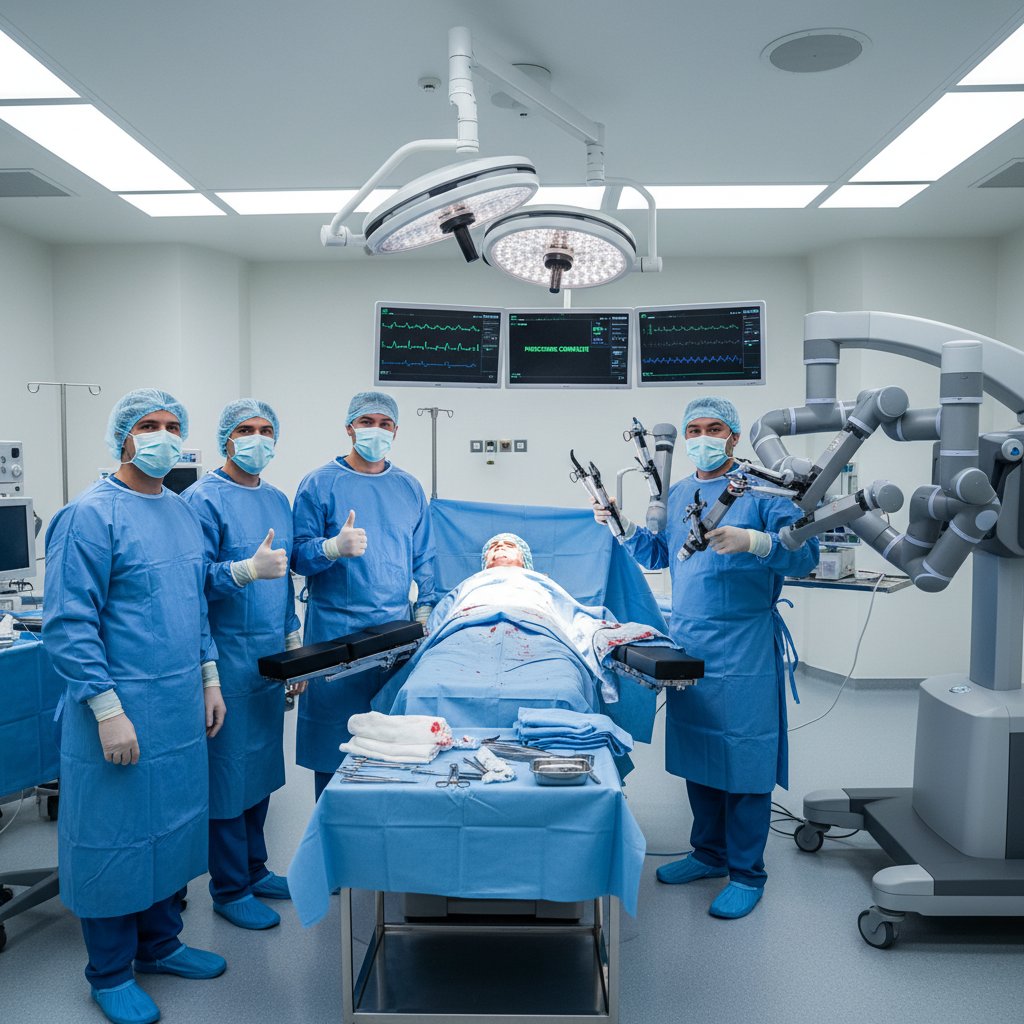 Sala operacyjna po zakończonej operacji, zespół lekarzy i wyłączony robot da Vinci