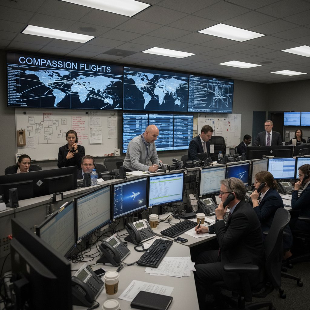 Chaotic operations center at night with phones ringing and tense staff coordinating compassion flights