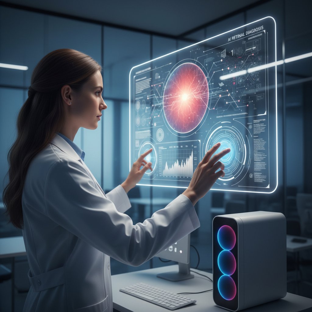 Zdjęcie okulisty analizującego zdjęcia dna oka na ekranie komputera – AI w diagnostyce