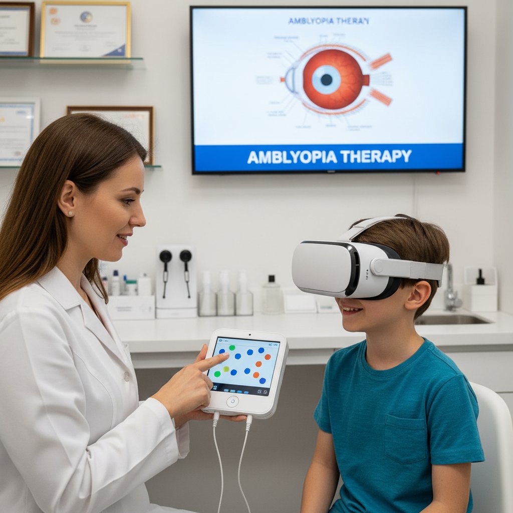 Specjalista okulista prezentujący nowoczesny sprzęt do terapii VR dla pacjentów z niedowidzeniem