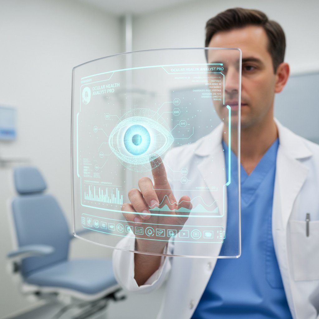 Okulista analizujący zdjęcie oka na nowoczesnym monitorze medycznym