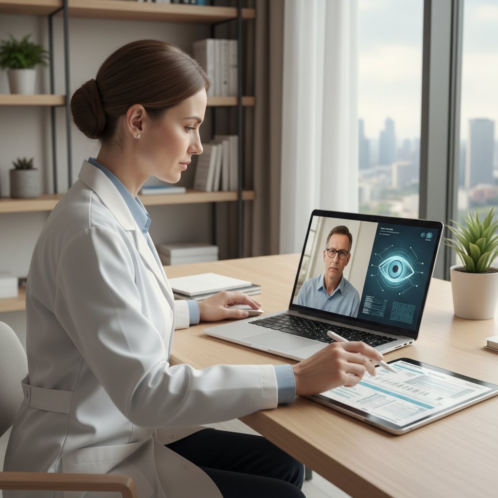 Lekarz okulista konsultujący online z pacjentem przez laptop, otwarta dokumentacja medyczna, nowoczesne wnętrze