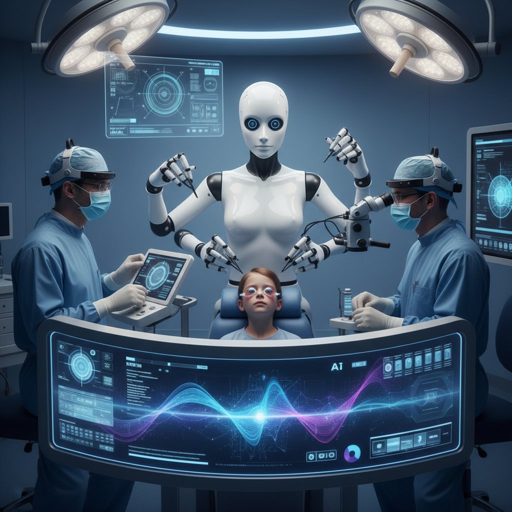 Zespół okulistów korzystający z nowoczesnych narzędzi AI i robotyki podczas zabiegu