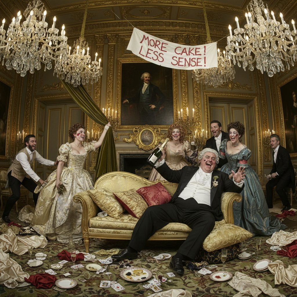 Guests laughing in a lavish room as mayhem unfolds, symbolizing class satire