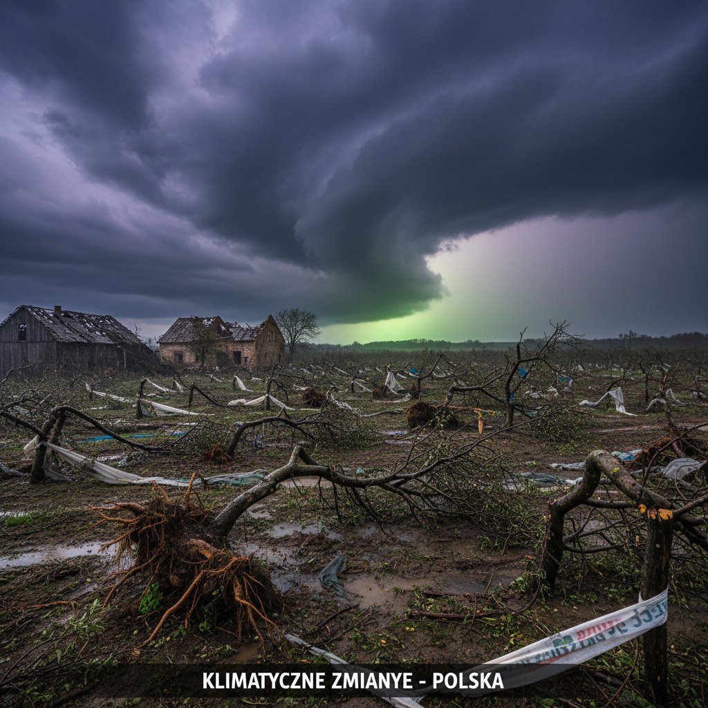 Sad po burzy, z uszkodzonymi drzewami, dramatyczne niebo, Polska