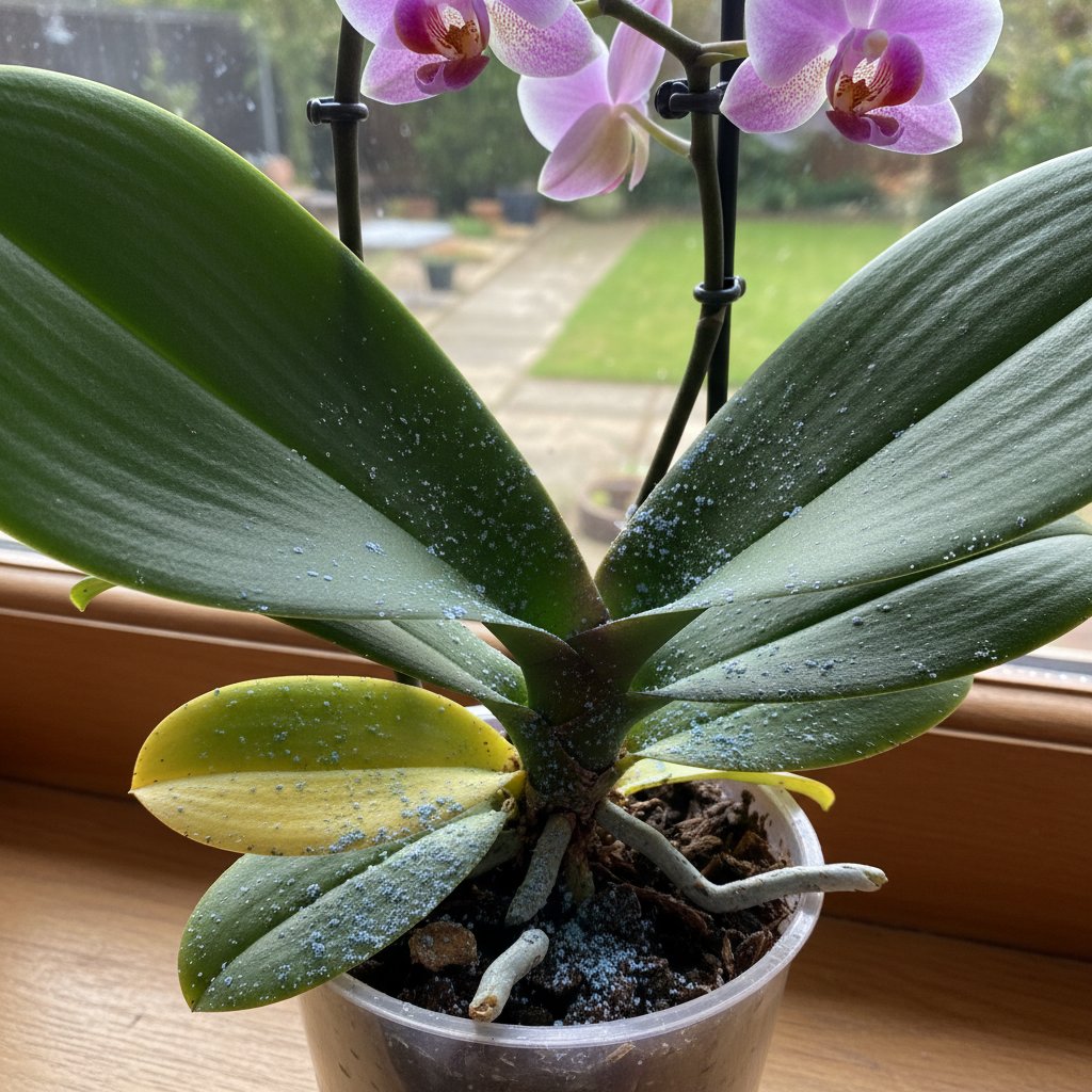 Storczyk po cięciu chorych liści, gotowy do oprysku