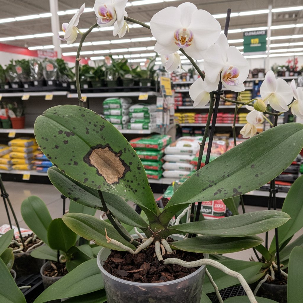 Zbliżenie na storczyk w sklepie, liście z plamami, różne źródła uszkodzeń