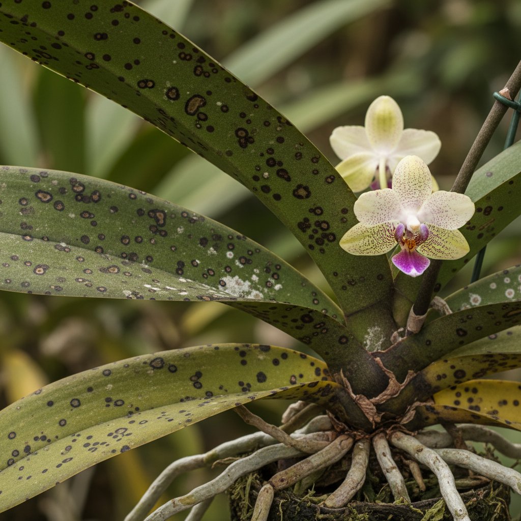 Liście storczyka z wyraźnymi plamami grzybowymi i przebarwieniami