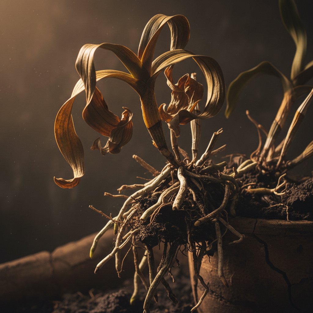 Storczyk z objawami stresu środowiskowego, liście z plamami i opadające kwiaty