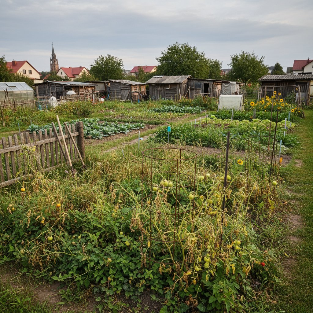 Polski ogród warzywny po ekologicznym nieudanym eksperymencie – zniszczone pomidory wśród chwastów