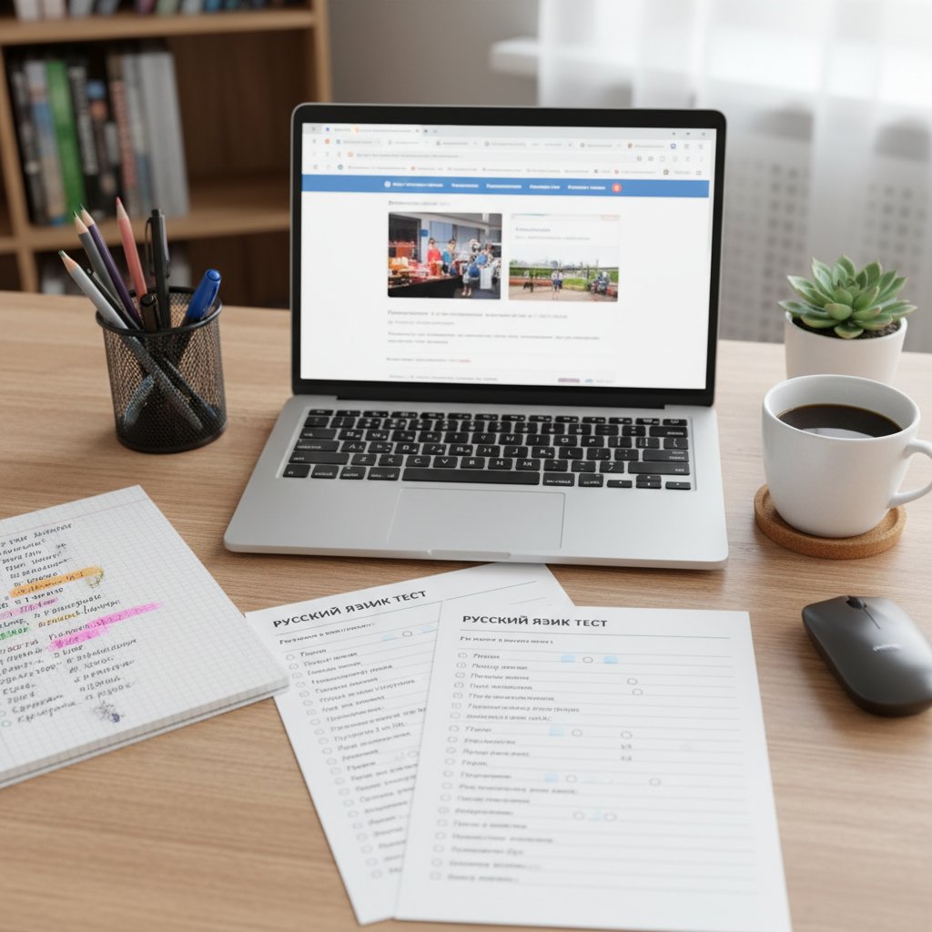 Zorganizowane biurko z laptopem, notatkami i kubkiem kawy, użytkownik w trakcie rozwiązywania testu rosyjskiego online