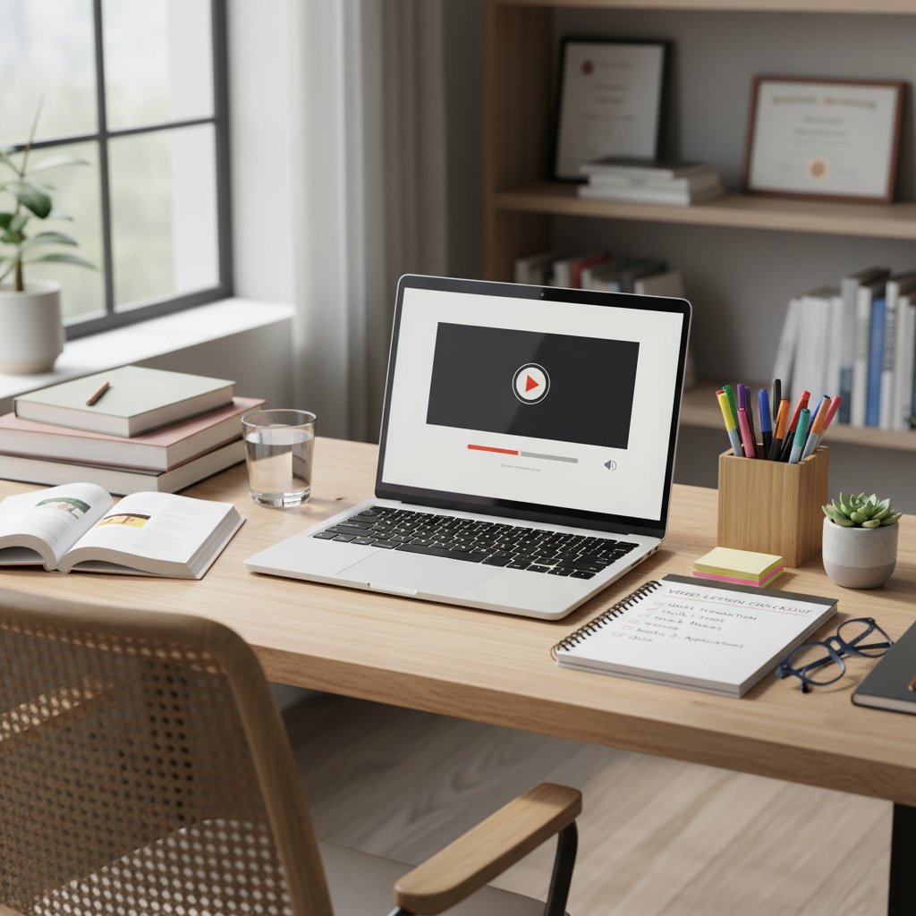 Zorganizowane biurko z notatkami, laptopem odtwarzającym wideolekcję i checklistą na tablecie