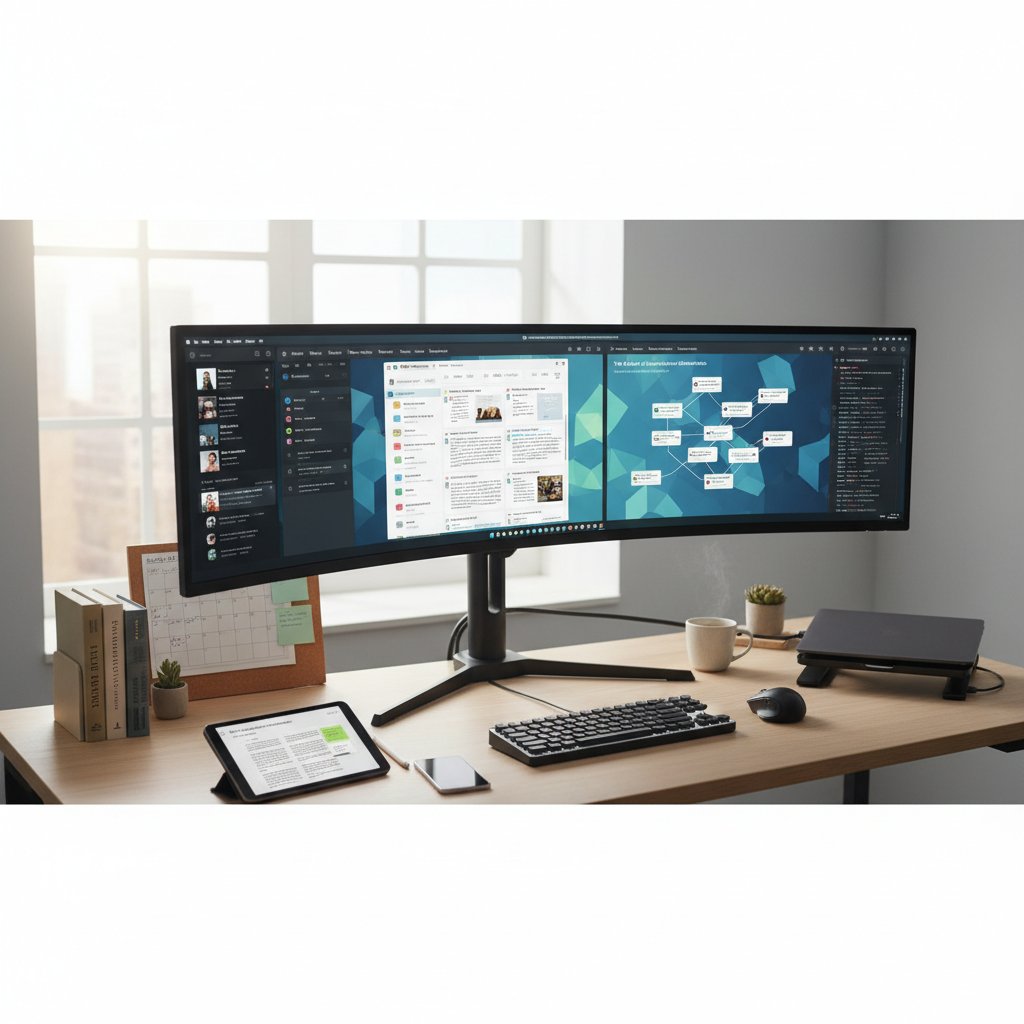 Organized digital workspace for academic research, showing minimalist desk with multiple screens and research tools